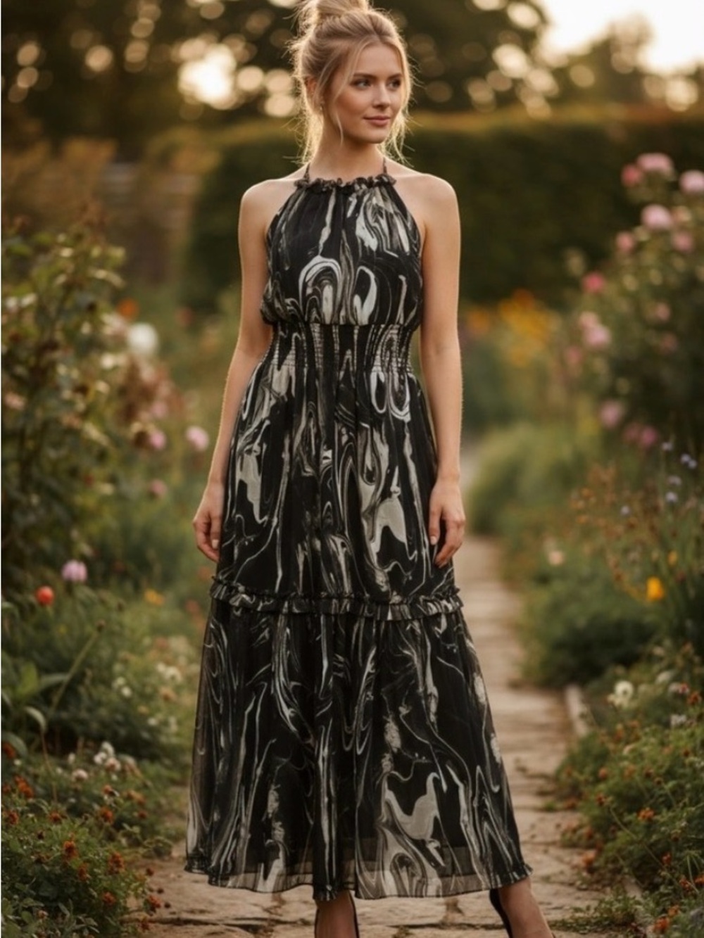 Banana Republic Black and White Marble-Print Halter Maxi Dress